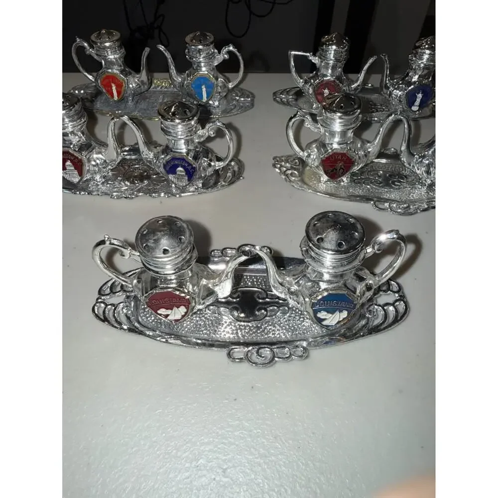 Vintage Silver-Toned Souvenir Teapot Salt and Pepper Shaker Sets - Lot of 5